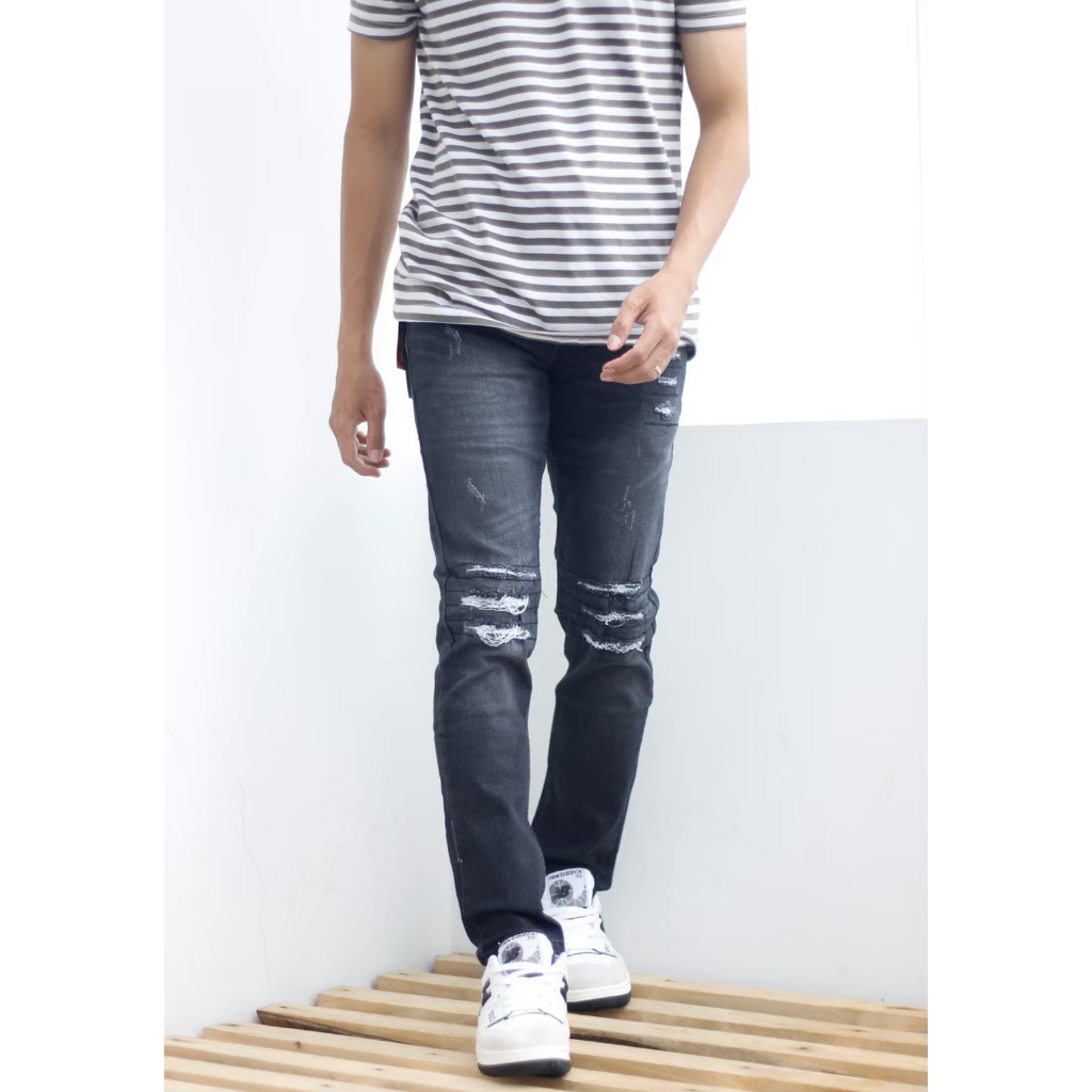 celana jeans sobek pria slimfit / jeans sobek pria panjang / jeans pria sobek lutut / jeans pria sobek tidak tembus