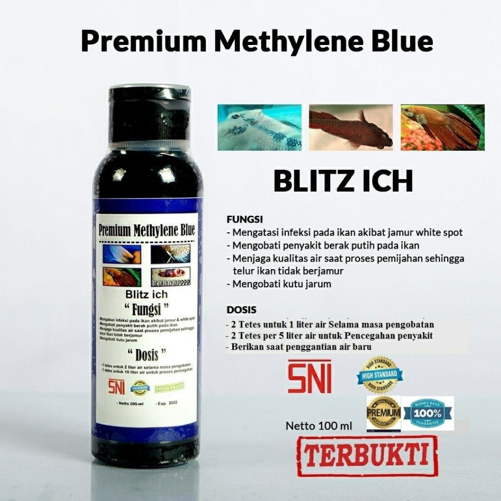 Obat biru Premium Methylene Blue 100 ml | obat ikan cupang Louhan arwana koi Koki sejenis Blitz icht