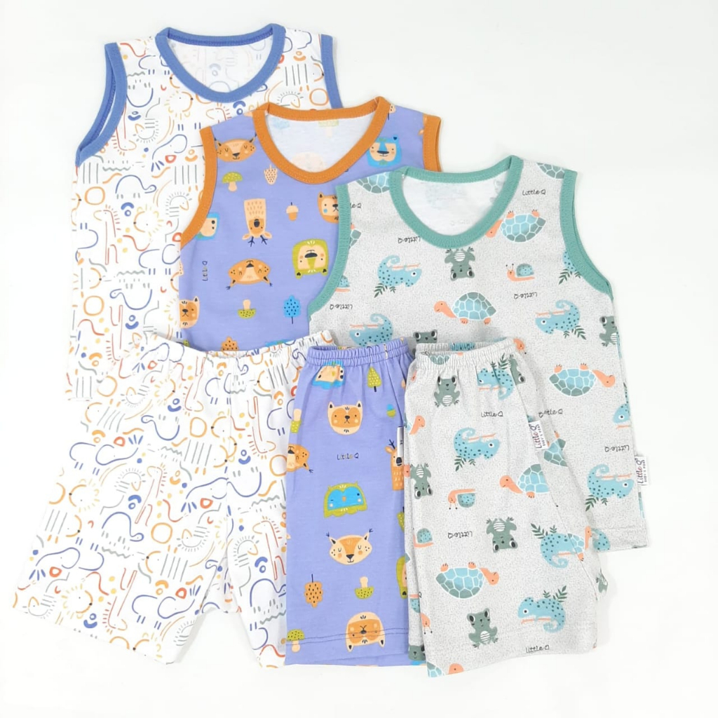 [Size SML] Little Q Setelan Motif Kutung Bis Celana Pendek Isi 3 Pcs