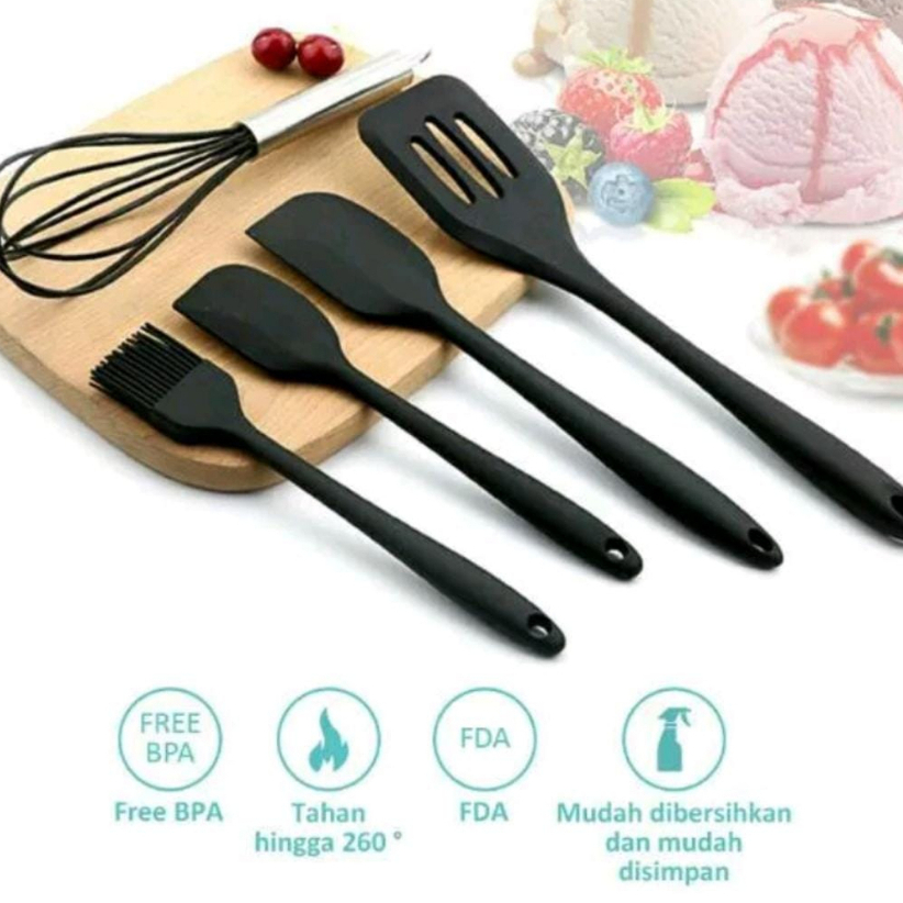 Silicone Utensil 5 PCS  spatula peralatan masak sutil pegangan kayu