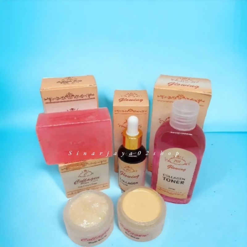 Paket Cream Collagen 5in1 Glowing Original ( Cr SM + Serum 701 + Toner 701 + Sabun 701 Ping)