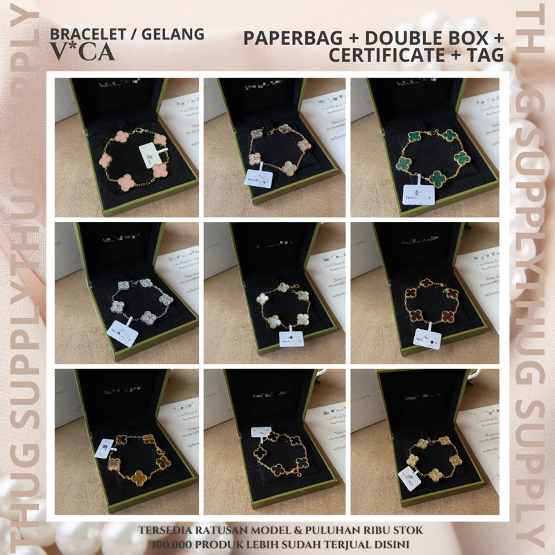 BRACELET VAN CLEEF &amp; ARPELS VCA 5 VINTAGE ALHAMBRA VC CLOVER DAUN FLOWER PEARL PLATED GOLD EMAS S925 SILVER GELANG NECKLACE KALUNG CUFF BANGLE DRAKOR KOREA BOX FULLSET