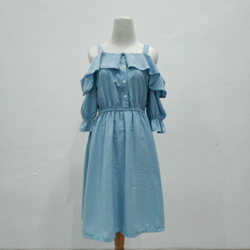 Preloved Dress Biru Muda Sabrina Ruffle (Bumil & Busui friendly) Dress Casual Pinggang Karet
