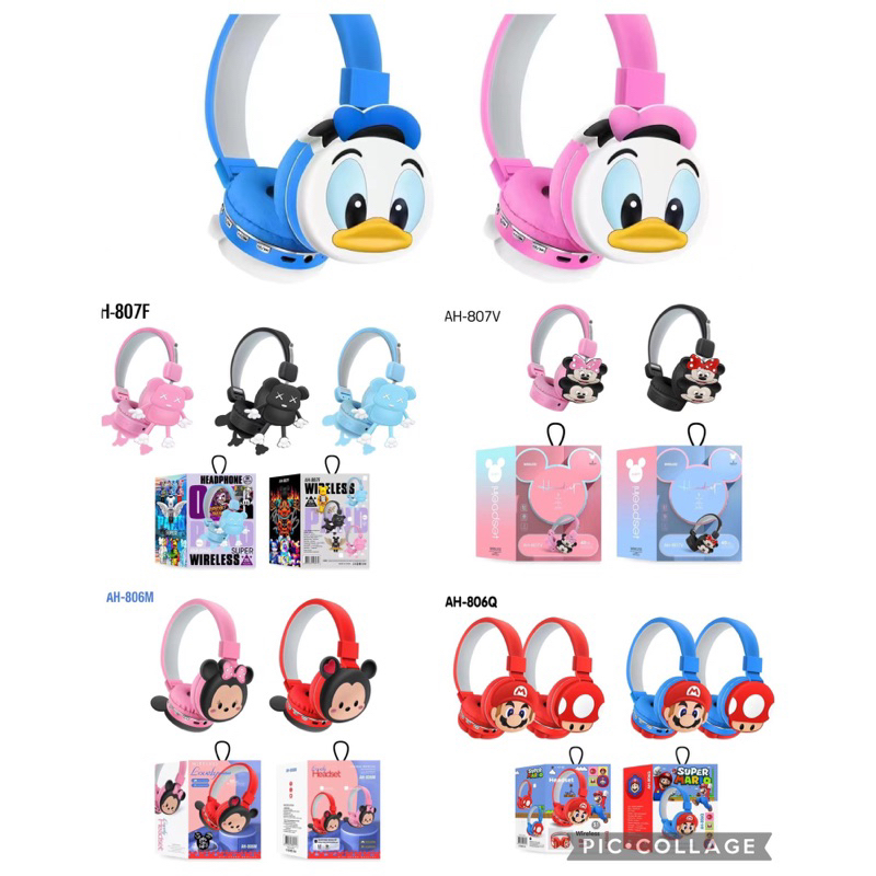 [ AH-806M / 807F ] HEADPHONE BANDO BLUETOOTH/WIRELESS KARAKTER KAWS / SUPERMARIO / DONALD /MICKEY BAHAN KARET TYPE AH-806 / AH 807F