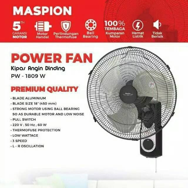 MASPION Kipas Angin Wall Fan 18&quot; Besi Power Fan PW 1809 W - Garansi Resmi 1 Tahun