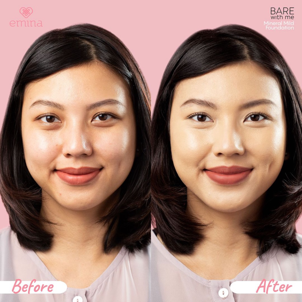 EMINA Bare With Me Mineral Mild Foundation Indonesia / 30ml / SPF 25 PA+++ Hypoallergenic / Safe For All Skin Type / Semi Matte Finish UVA UVB Protection / Shade 01 Light 02 Natural 03 Caramel 04 Mocca / Cosmetic Face Makeup Series / Loose Compact Powder