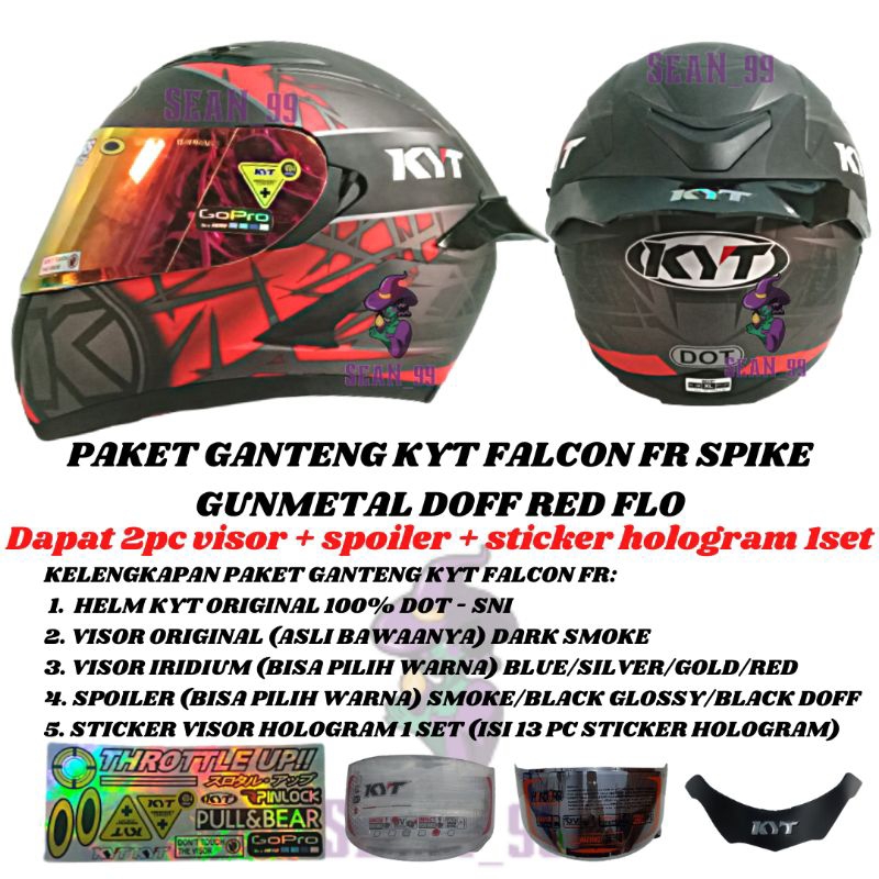 HELM KYT FALCON FR SPIKE GUNMETAL DOFF RED FLO FULL FACE DOUBLE VISOR ORIGINAL SNI DOT ( PAKET GANTE