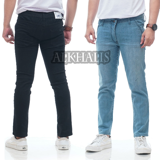 Celana jeans pria panjang slim fit skiny hitam pensil reguler jumbo