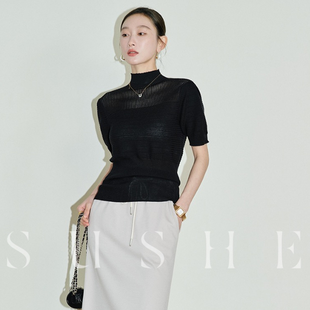 【Elegant】Half Turtleneck Knit Puff Short Sleeve Solid Jumper Shirts 2096