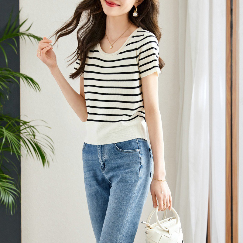 【Elegant】Tshirts O-Neck Striped Shirts Basic Short Top 2108