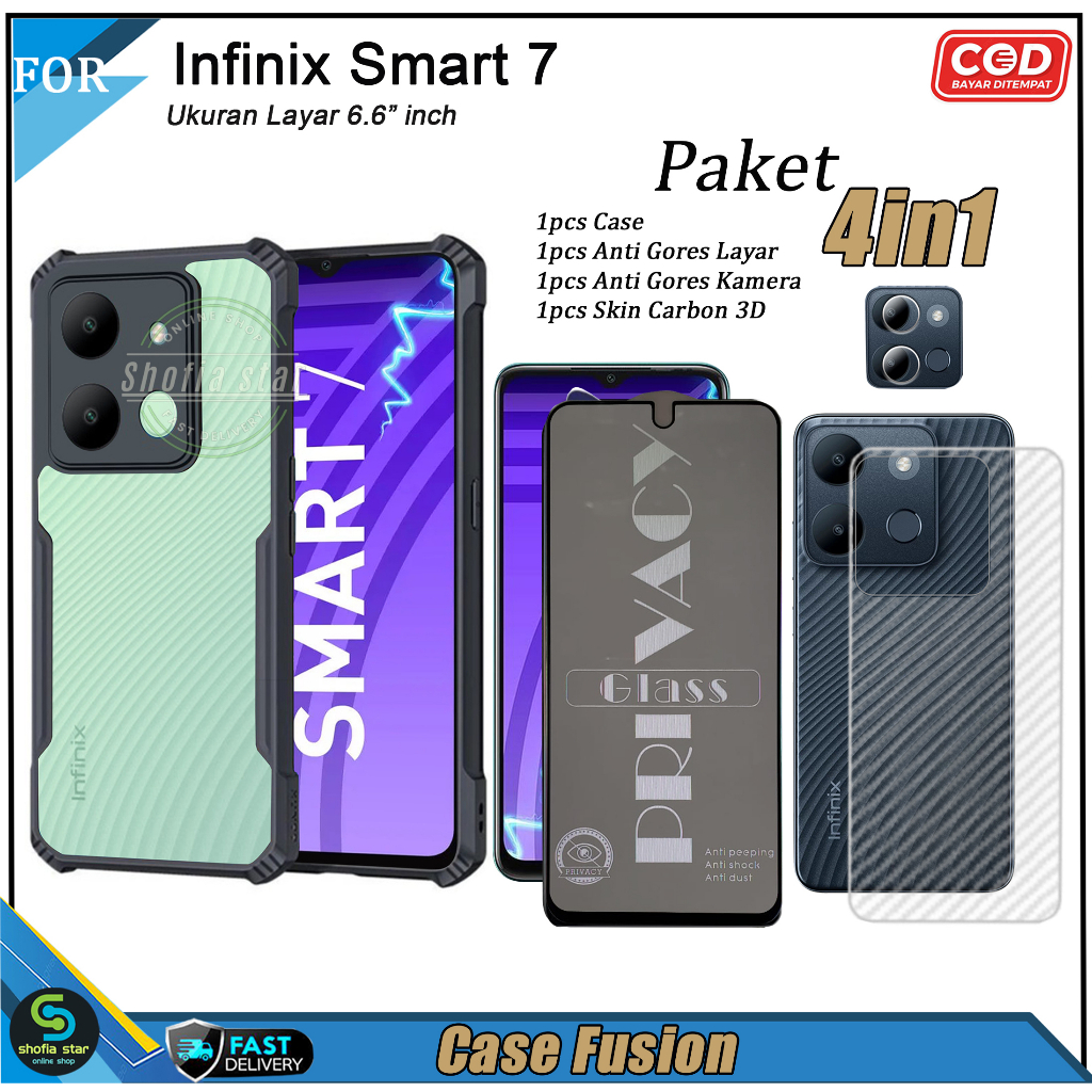 PAKET 4in1 Case Infinix Smart 7 Soft Case Fusion Shockproof Transparan Casing