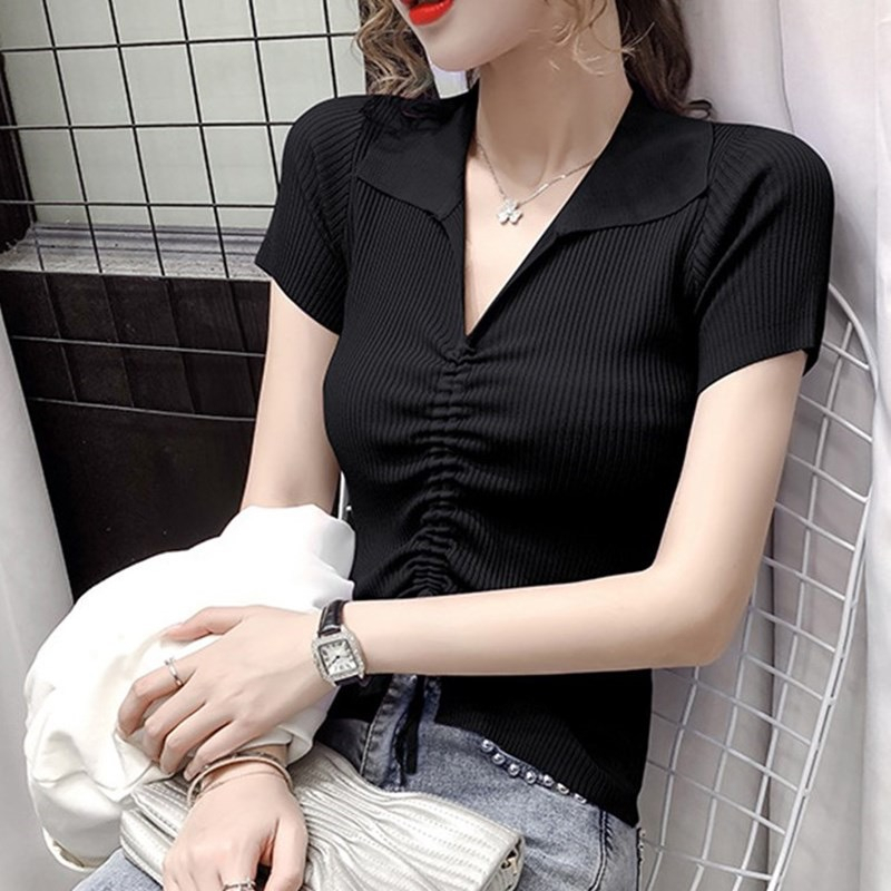 【Elegant】V-Neck Short Puff Sleeve Draw String T-shirt 2116