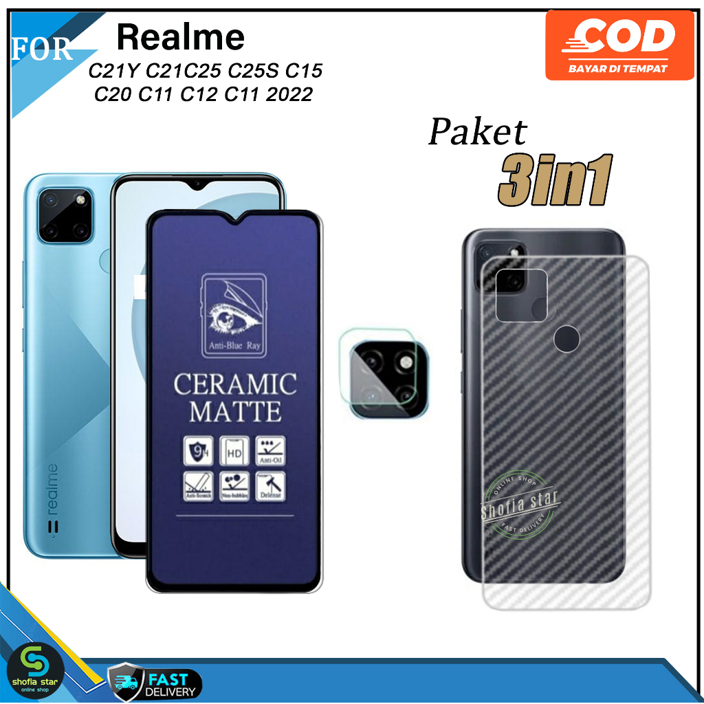 PAKET 3in1 Tempered Glass Ceramic Spy Realme C21 C21Y C25 C25s C15 C12 C11 C11 2022  Anti Gores Privacy Full Cover