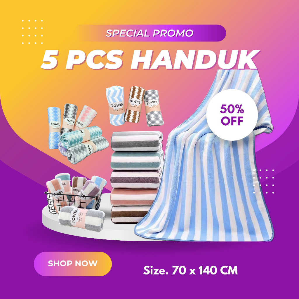 VL - COD MURAH PAKET 5 PCS HANDUK DEWASA UK 70 X 140 CM BAHAN MICROFIBER
