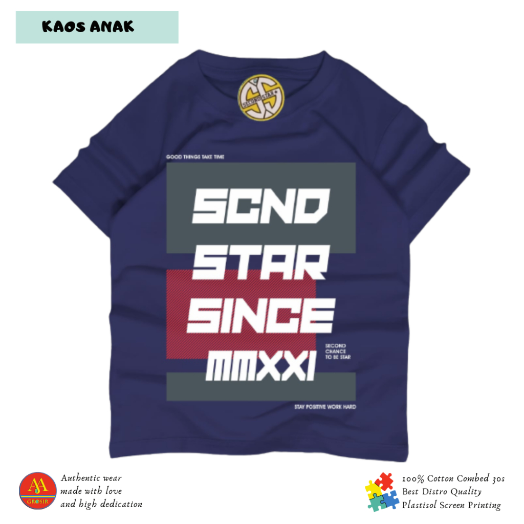 (L-XL) Second star Baju Kaos Distro Anak Laki laki Umur 6-8 Tahun Bahan Cotton -AMR085