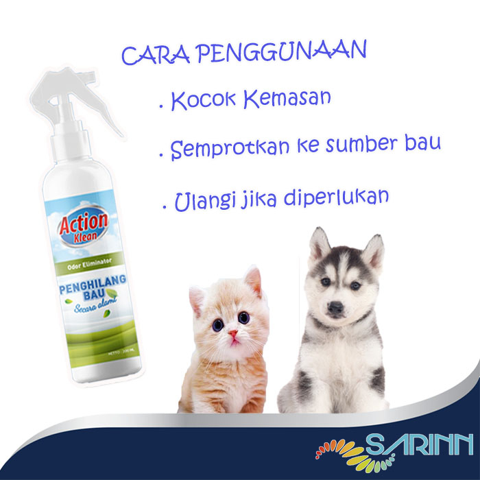 Action Klean Odor Eliminator Penghilang Bau Kotoran Pesing Pipis Hewan Kucing Anjing Manusia Secara Alami 200ml Kemasan Spray Praktis