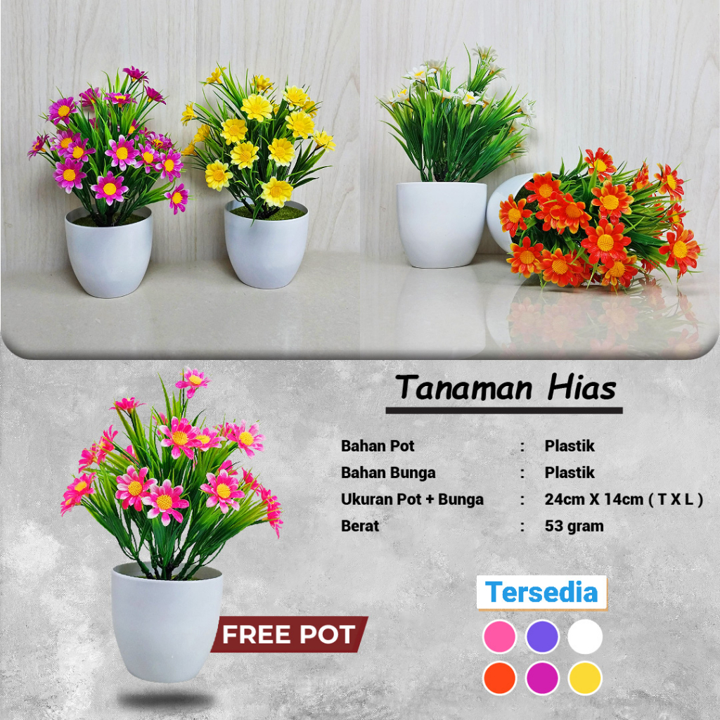 Satu7an PBP24 Tanaman Bunga Plastik Tanaman Hias Bunga Krisan Pot Bunga Dekorasi Artificial Flower