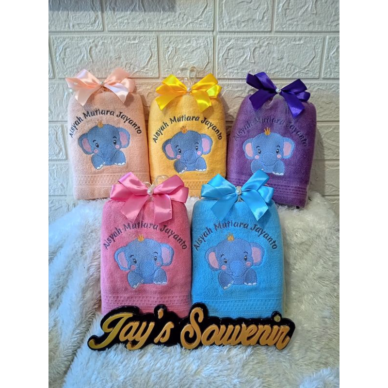Souvenir handuk mandi jumbo bordir gambar custom packing tile + pita / 70x135 merk anjolly