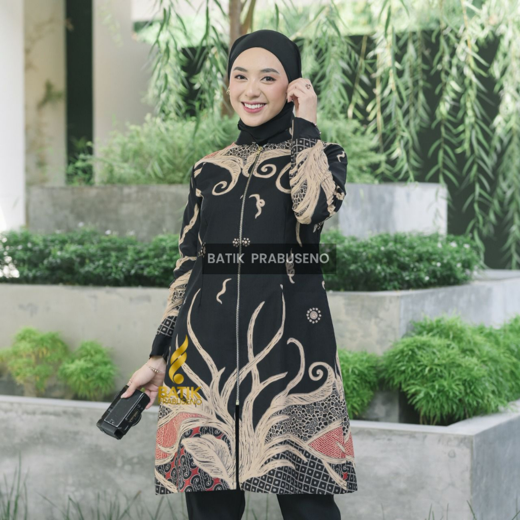 Tunik Batik Wanita Motif SAMUDRA HITAM Model Resleting Depan Lapis Furing Trikot Bahan Katun Printin