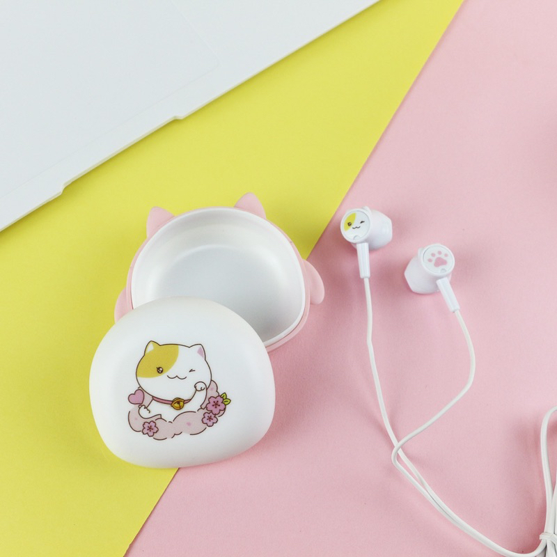 [ KI 353 ] Set Headset Earphone karakter  CAT SERIES + Wadah penyimpanan Earphone Motif in ear