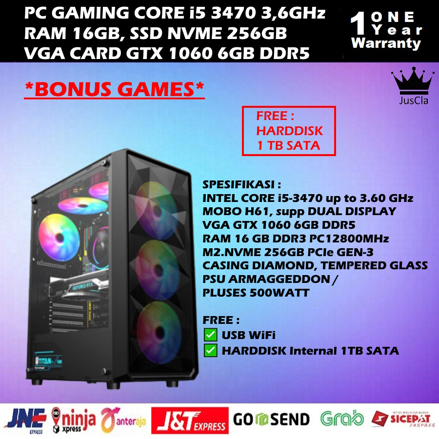 PC GAMING CORE i5-3470 3,6GHz|RAM 16GB|NVME 256GB|VGA GT1060 6GB|HDD 1TB|KEY+MOUSE GAMING|USB WiFi