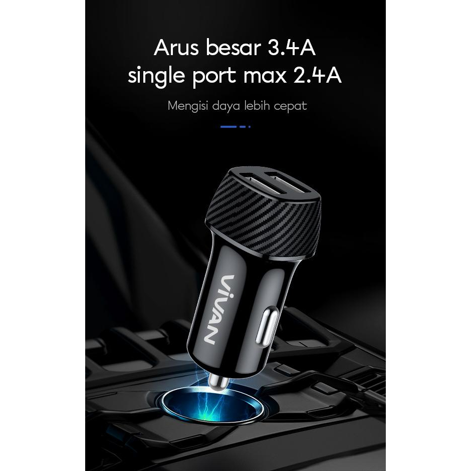 Car Charger VIVAN CC02C 3.4A Dual USB Smart IC Quick Charging Mobil Original Garansi Resmi 1 Tahun