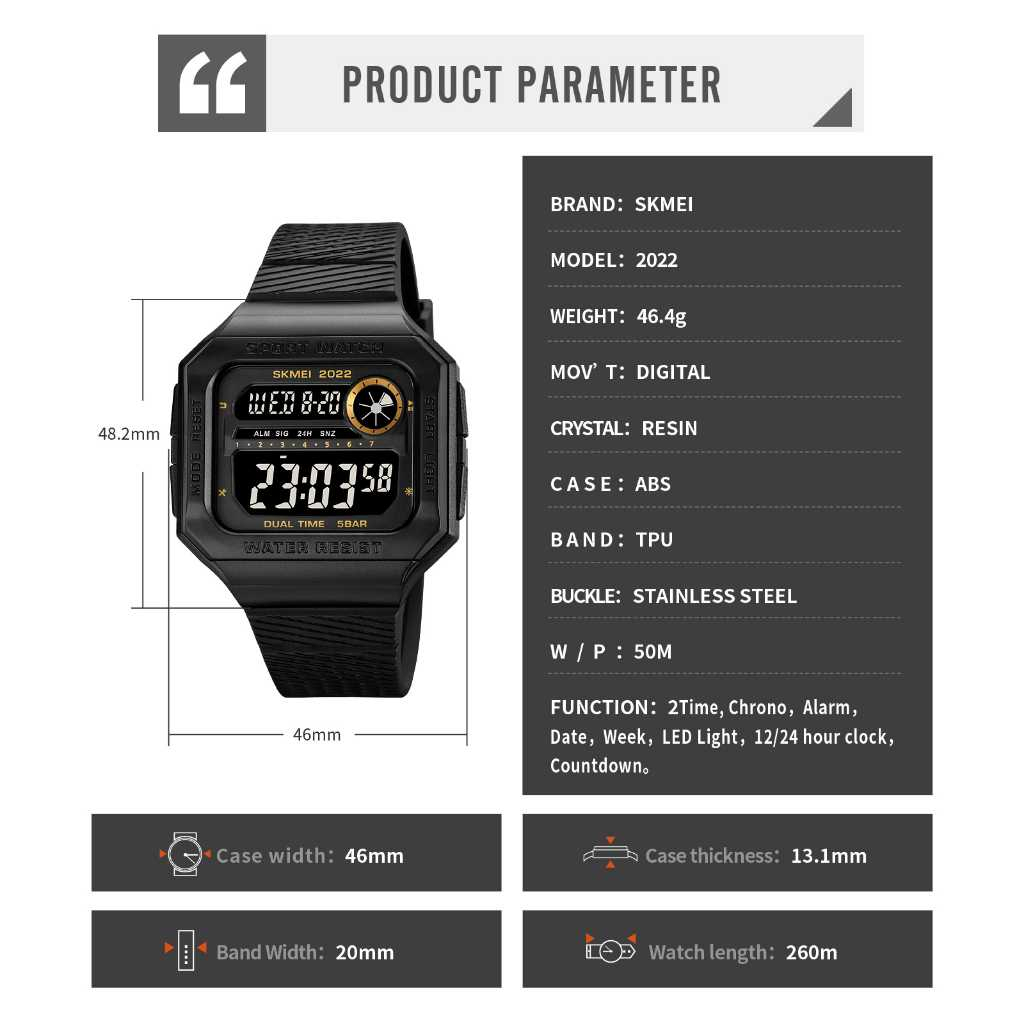 Jam Tangan Pria Digital Sport Watch Alarm EL Light Waterproof Jam Digital Premium Desain Efisien Anti Air
