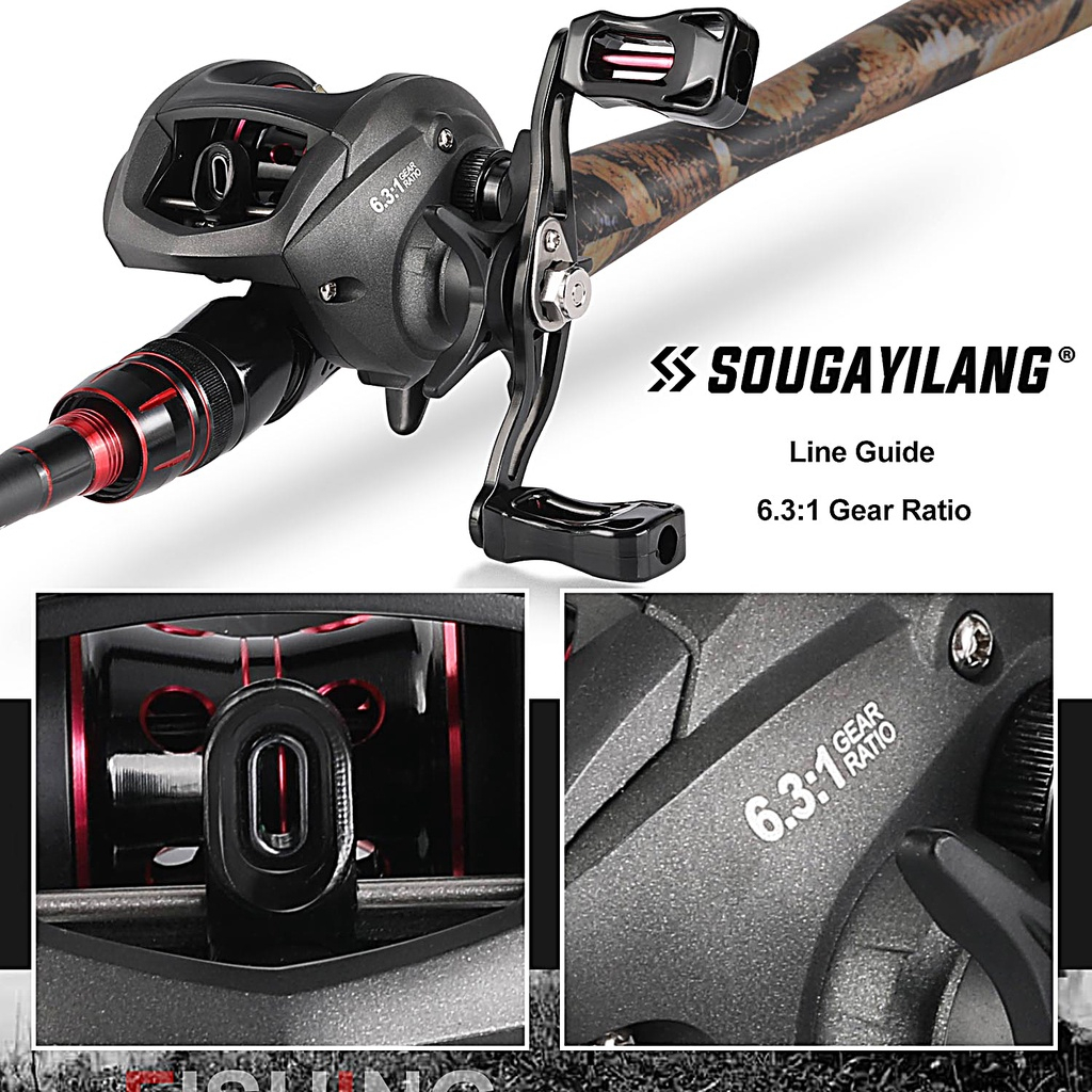 Joran Pancing Set Sougayilang 1.98m M Power Carbon Fiber 4 Sections Fishing Rod and 12+1 6.3:1 Fishing Reel Combos Max Drag 17.6lb