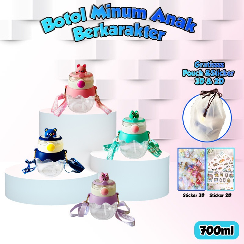 Botol Minum Aanak/Baby 700ML BPA FREE Botol Air Minum Plastic Karakter Bear Gemoy Botol Minum Anak Kartun 600ML Sedotan dan Tali Gratis Stiker 2D&amp;3D