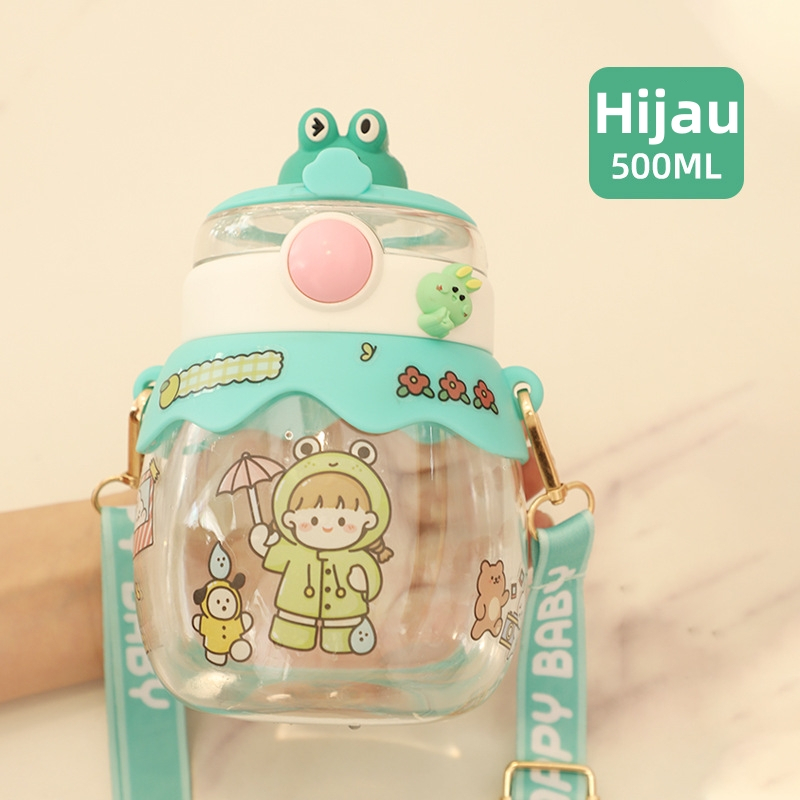 Botol Minum Aanak/Baby 700ML BPA FREE Botol Air Minum Plastic Karakter Bear Gemoy Botol Minum Anak Kartun 600ML Sedotan dan Tali Gratis Stiker 2D&amp;3D