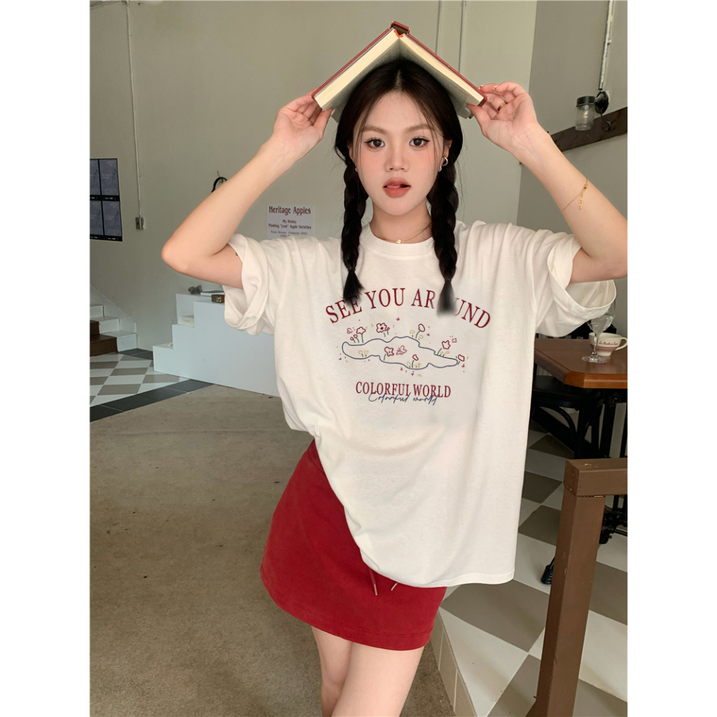 EUNII T-shirt Lengan Pendek Cartoon See You Around Korean Style/Kaos Atasan Wanita/Baju Kaus Oversize Wanita/Kaos Wanita