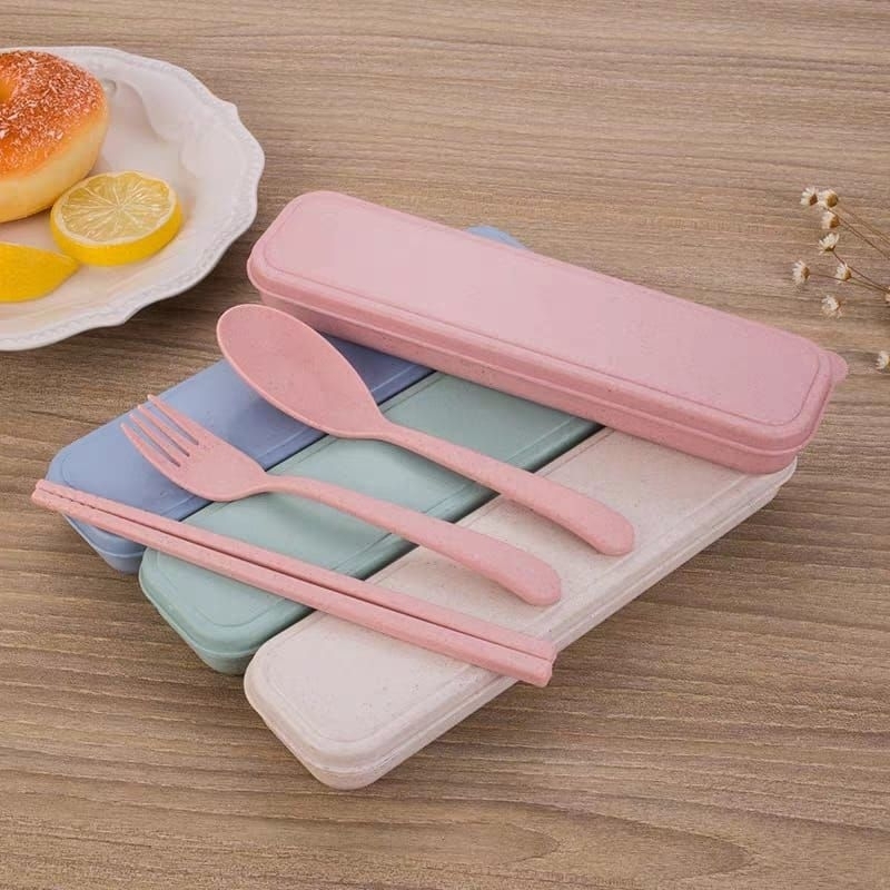LS Sendok Garpu Sumpit Set Wheat Straw / Alat Makan Set Jerami Gandum BPA FREE