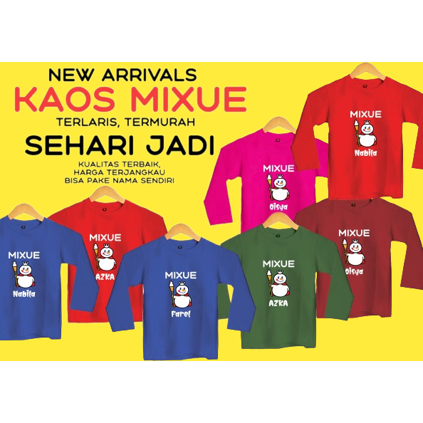 KAOS ANAK MIXUE TANGAN PANJANG GRATIS CUSTOM BORDIR DAN SABLON NAMA USIA 3-12 TH POSISI DITENGAH