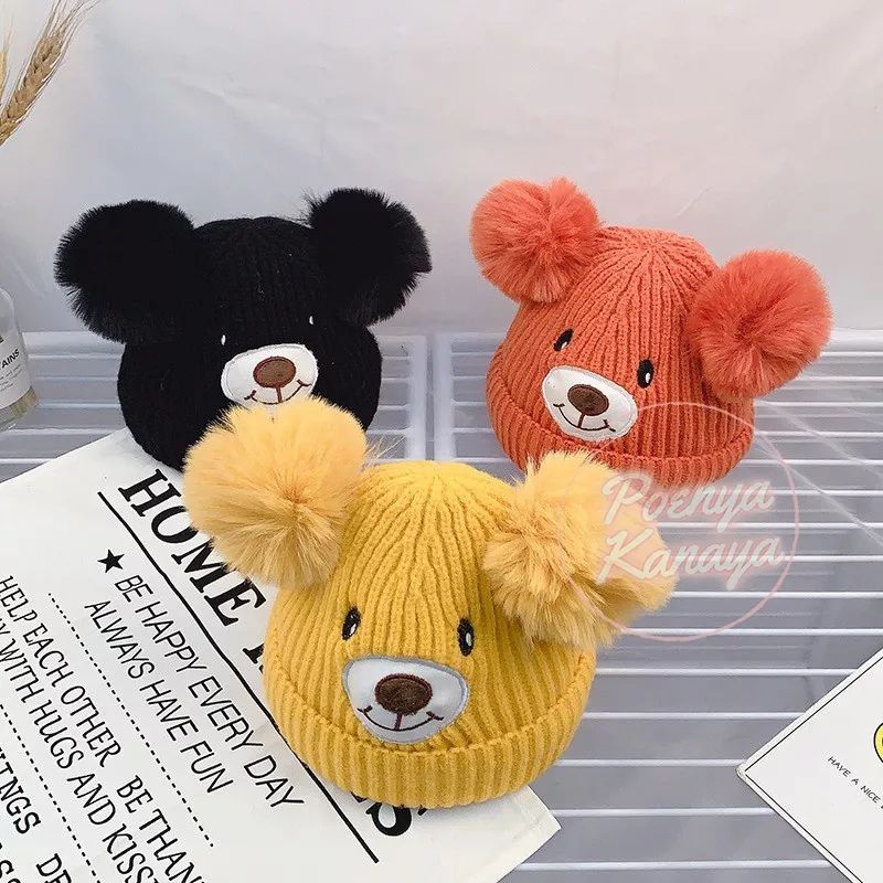 [rumahbayipdg] Topi kupluk rajut bayi original || kupluk bayi anak pom pom Bear