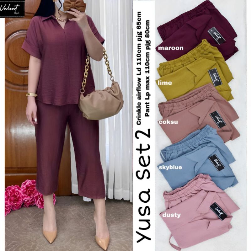 Yusa Setelan Wanita Celana Polos One Set Valent Hijab Crinkle Airflow Ld 106 [ READY COD ]