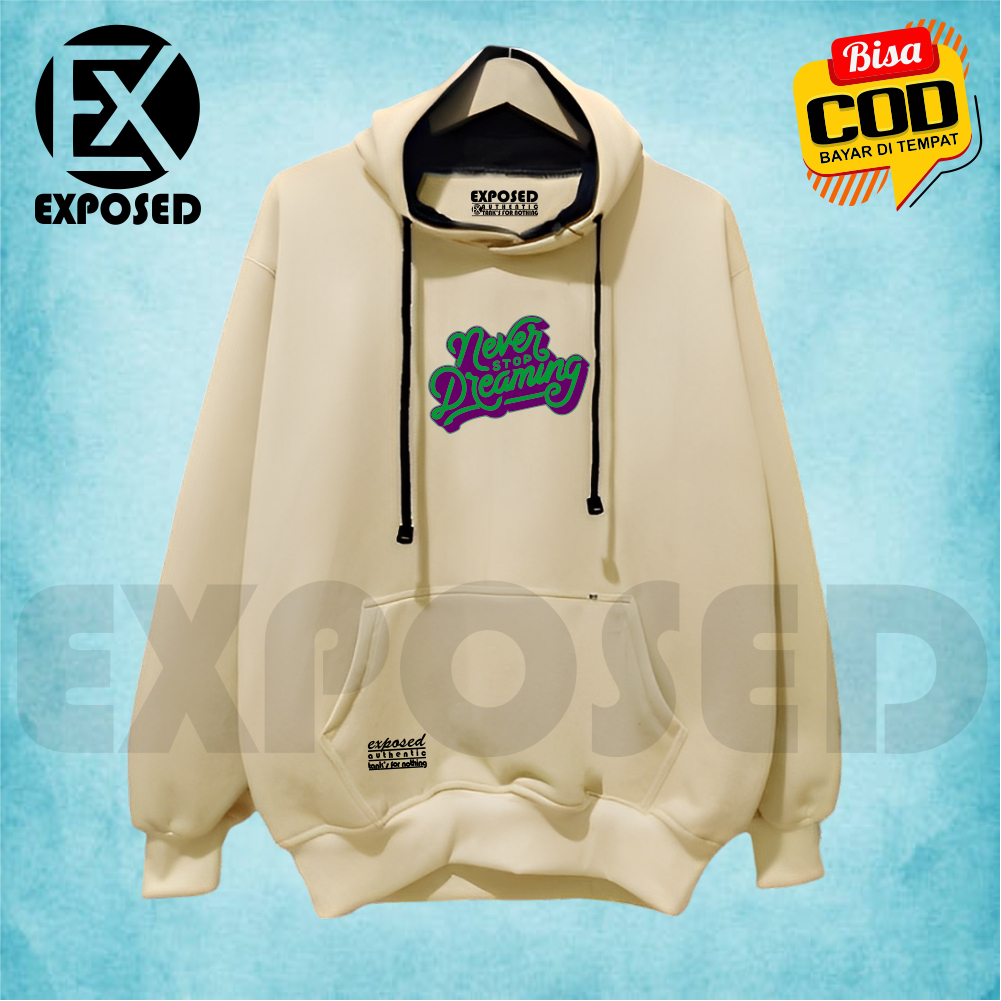 Jaket Jumper Hodi Cowo Cewe Tebal Lembut Warna Cream Quality Original EXPOSED Distro Sablon NEVER ST