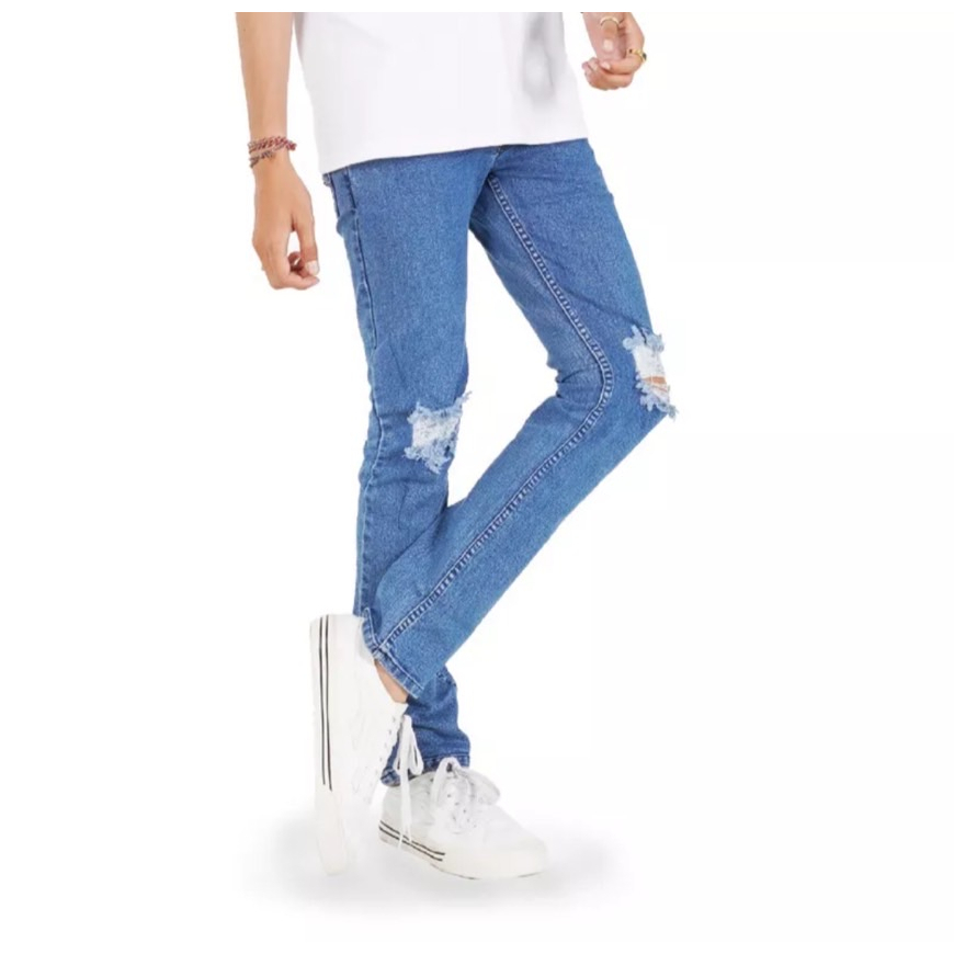 Rebelone - Celana Jeans Panjang Pria Ripped Sobek Lutut Bio Wash Premium