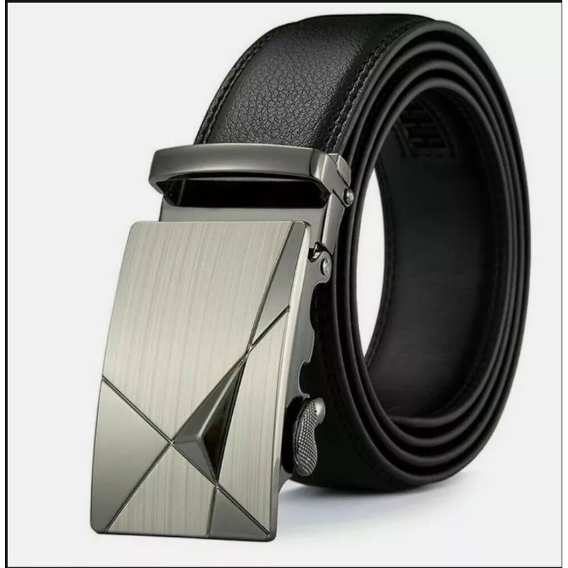 Ikat Pinggang Belt  Pria Kulit Sintetis Kepala Gesper Logam Stainless Chrom Black