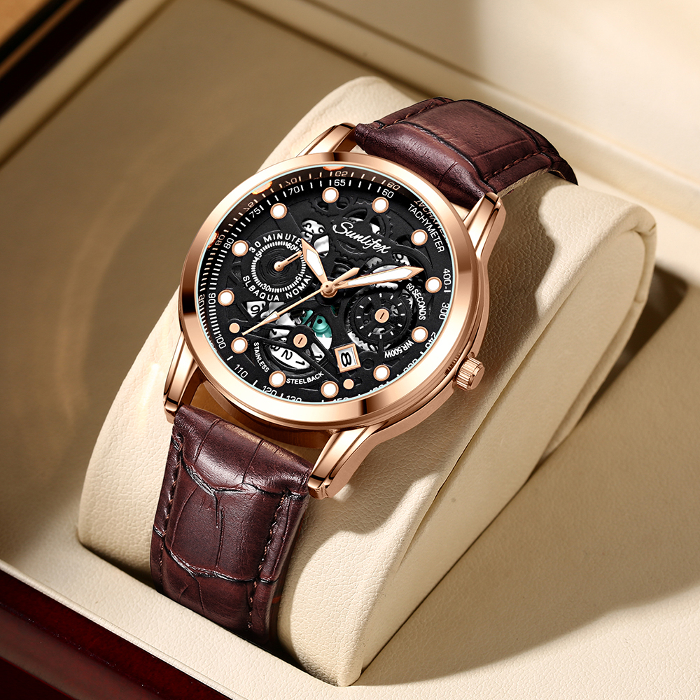 Sunlifex Jam Tangan Pria Dial Berongga Anti Air Kuarsa Tali Kulit Jam Pria Original Santai Mode Jam Tangan Cowok 7001-8