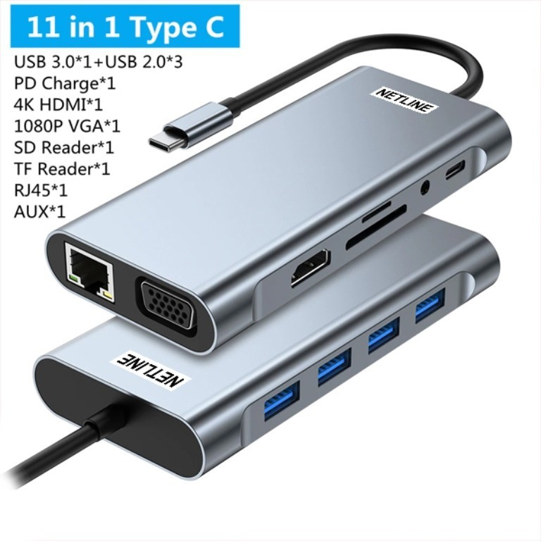 Netline USB Type C to HUB HDMI VGA LAN AUX Card Reader 11 in 1