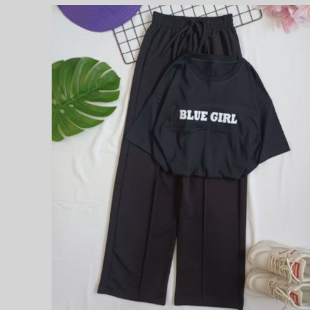 JBF Baju Crop Cewek Korea / One Set Crop Dan Celana Panjang Blue Girl