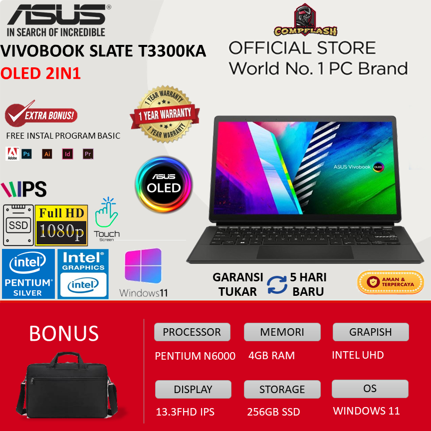 LAPTOP ASUS VIVOBOOK SLATE T3300KA OLED 2IN1 TOUCH PENTIUM SILVER N6000 4GB 256GB WINDOWS 11 13.3FHD IPS