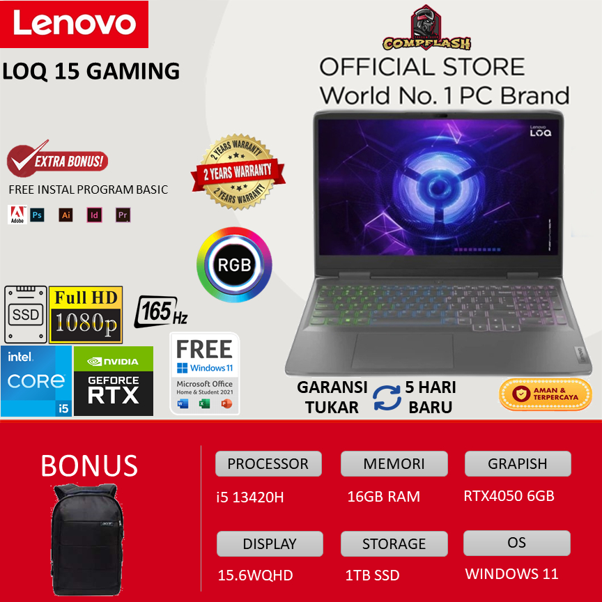 LAPTOP LENOVO LOQ 15 GAMING - i5 13420H RAM 16GB 1TBSSD  RTX4050 6GB WINDOWS 11 OHS 15.6WQHD 165HZ 100SRGB