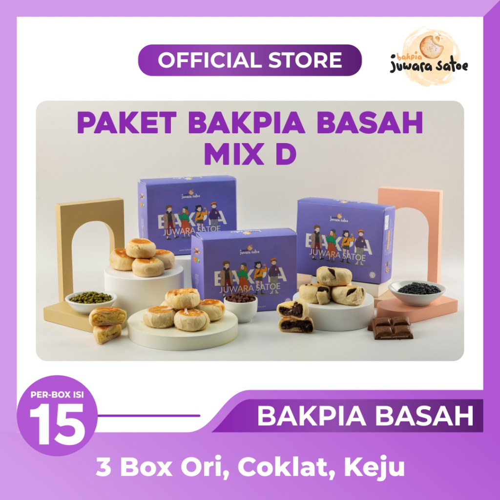 BAKPIA JUWARA SATOE [ 3 Box ] Paket Bakpia Basah Mix D (Coklat, Keju, Original) - Oleh Oleh Khas Jogja