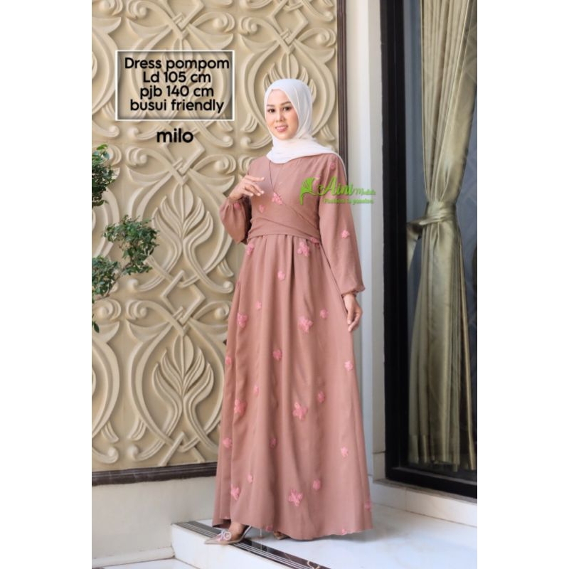 Dress pompom aini modiste pekalongan, homedress busui, gamis pompom kekinian