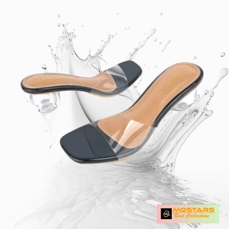 mqstars - Sandal Heels Transparan Hak Kaca Bulet 5cm Slop