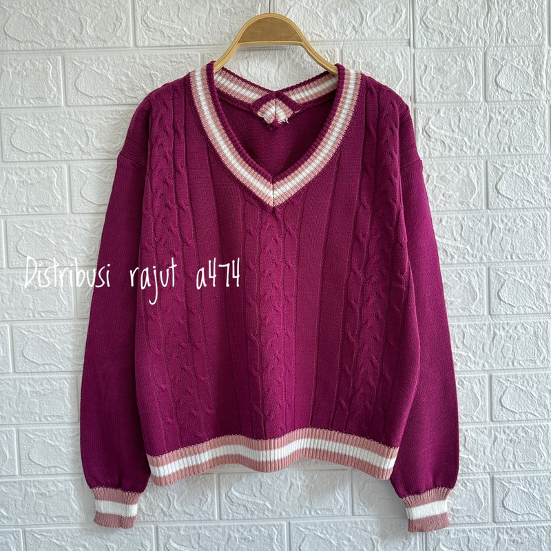 REBECA SWEATER RAJUT STRIPE MOTIF CABLE KERAH V WANITA KOREA ATASAN LENGAN PANJANG