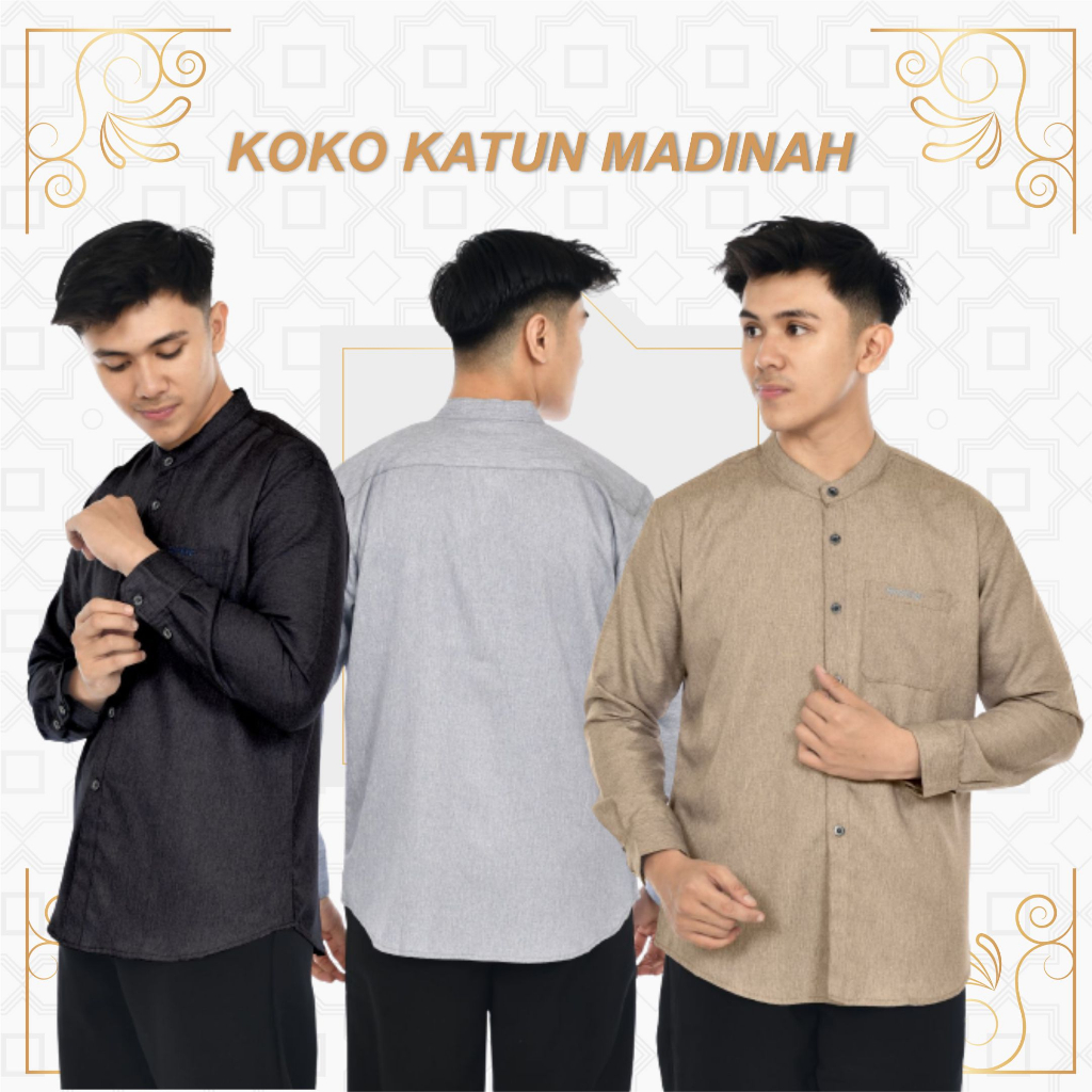 Kemeja Koko Pria Kemko Katun Madinah Premium Lengan Panjang Kerah Chiangi Model Basic Polos