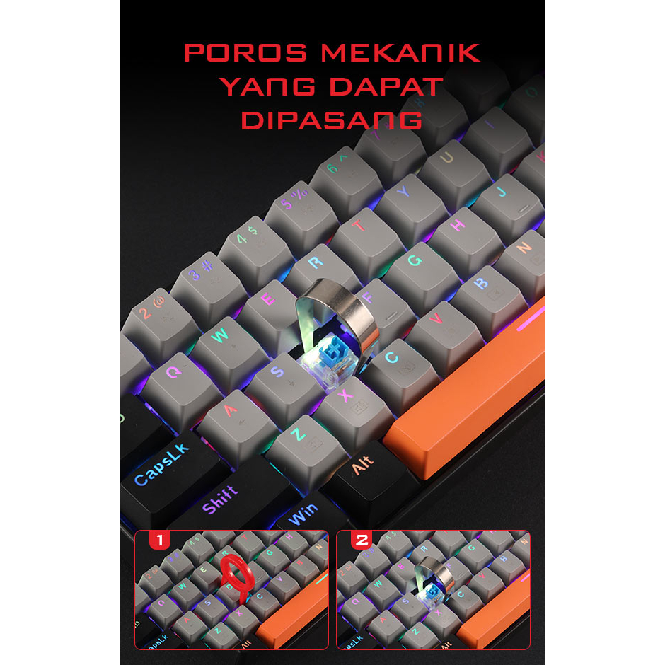 GAMEN Titan III Mechanical Pluggable Switch Blue Gaming Keyboard Wired RGB LED Light PBT Keycaps Original For PC Laptop- Garansi 1 tahun