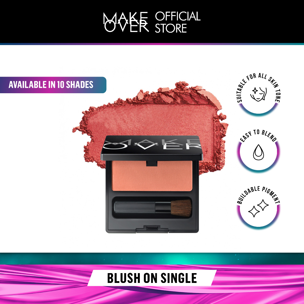 MAKE OVER Blush On Single Indonesia / 6g / Suitable For All Skin Tone / Easy To Blend Buildable Pigment / Brush Applicator / Pressed Powder Blushon Blusher Bedak Perona Pipi / Shade Warna 01 02 03 04 05 06 07 08 09 10 / Cosmetic Makeup Face Make Up Series